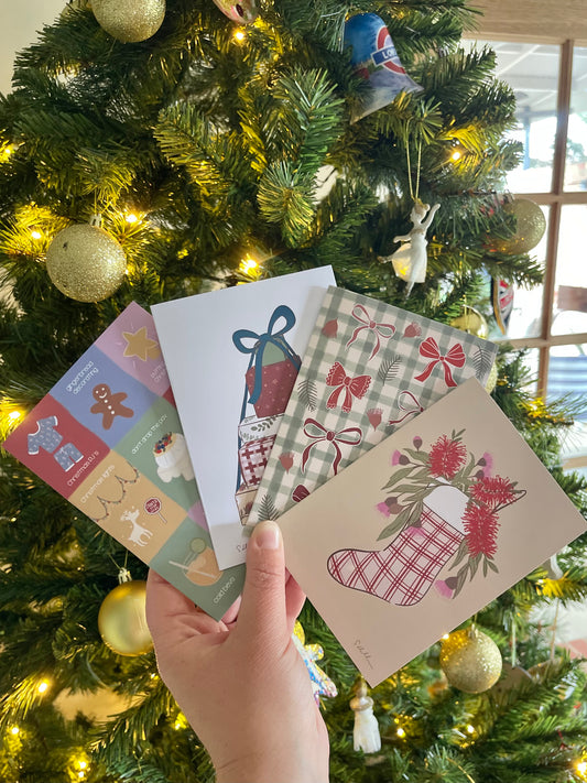 Boutique hand illustrated Christmas cards set (pack of 4 with linen envelopes)